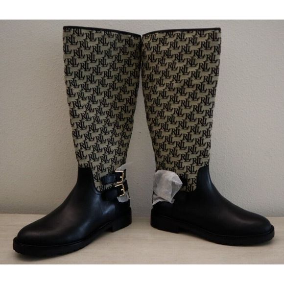 Lauren Ralph Lauren Womens Sz 7 Black Emelie Monogram Jacquard Riding Boots $250 - Picture 9 of 12